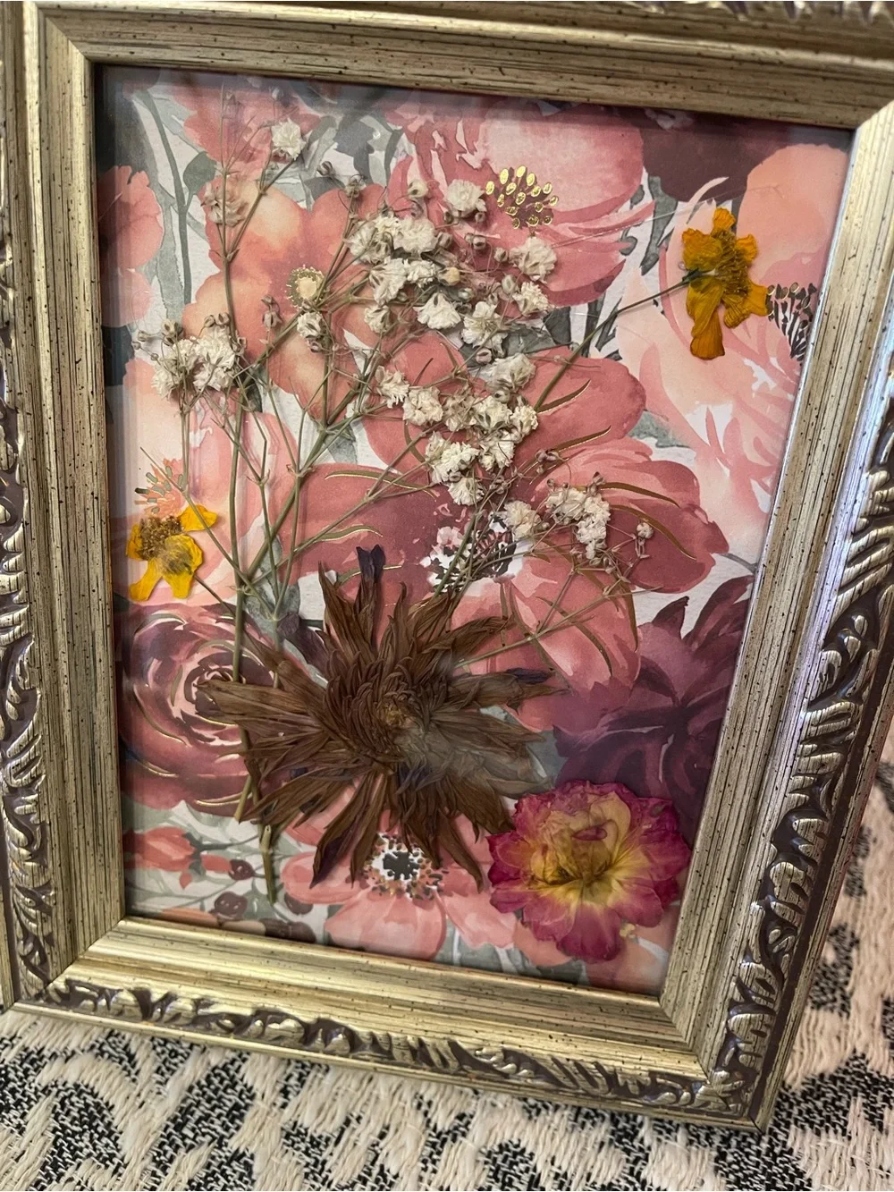 Floral Pressed Flower Art in gold colored Frame - Home Accents